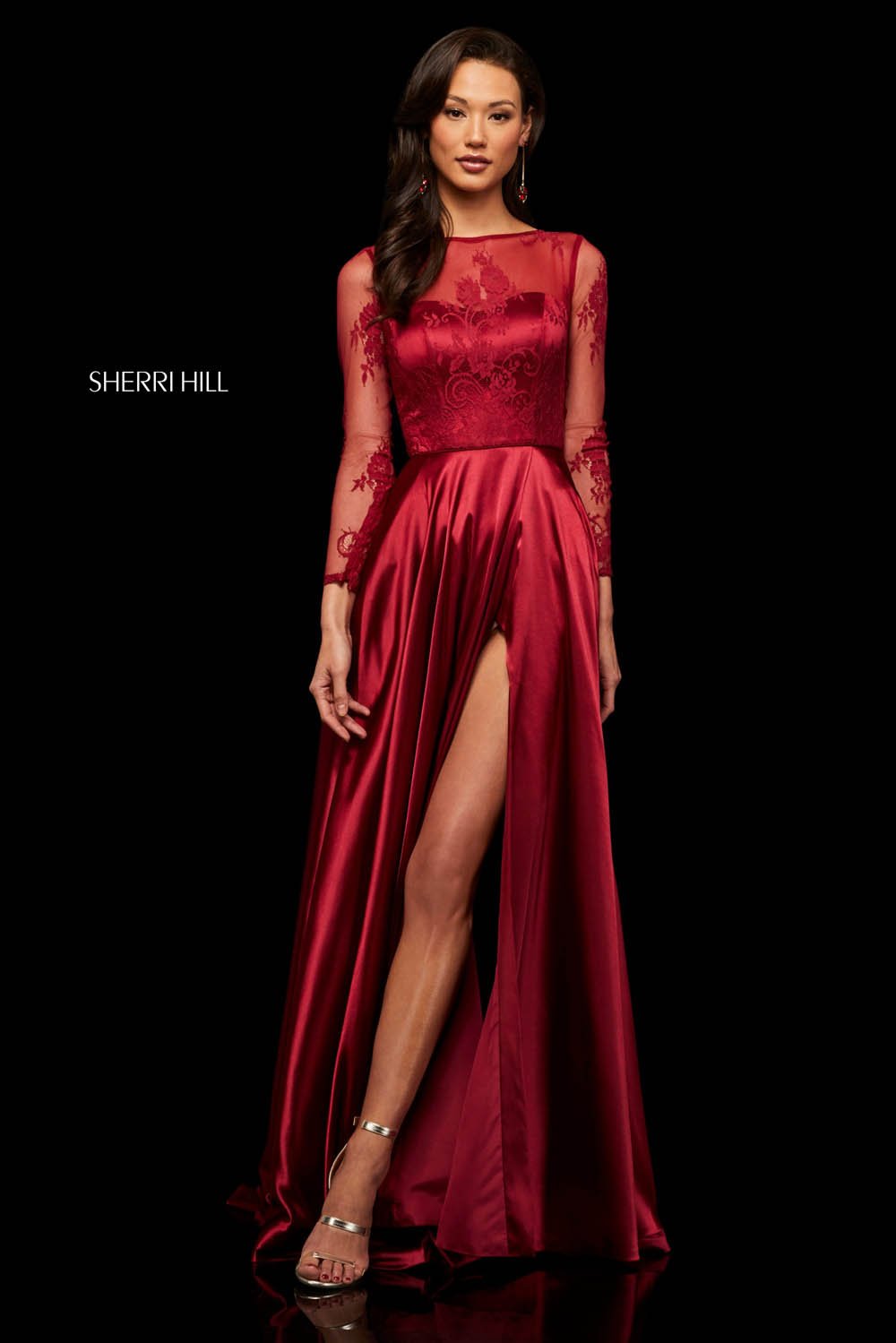 Sherri Hill 52765 prom dress images.  Sherri Hill 52765 is available in these colors: Black Red, Red, Black, Wine, Navy.