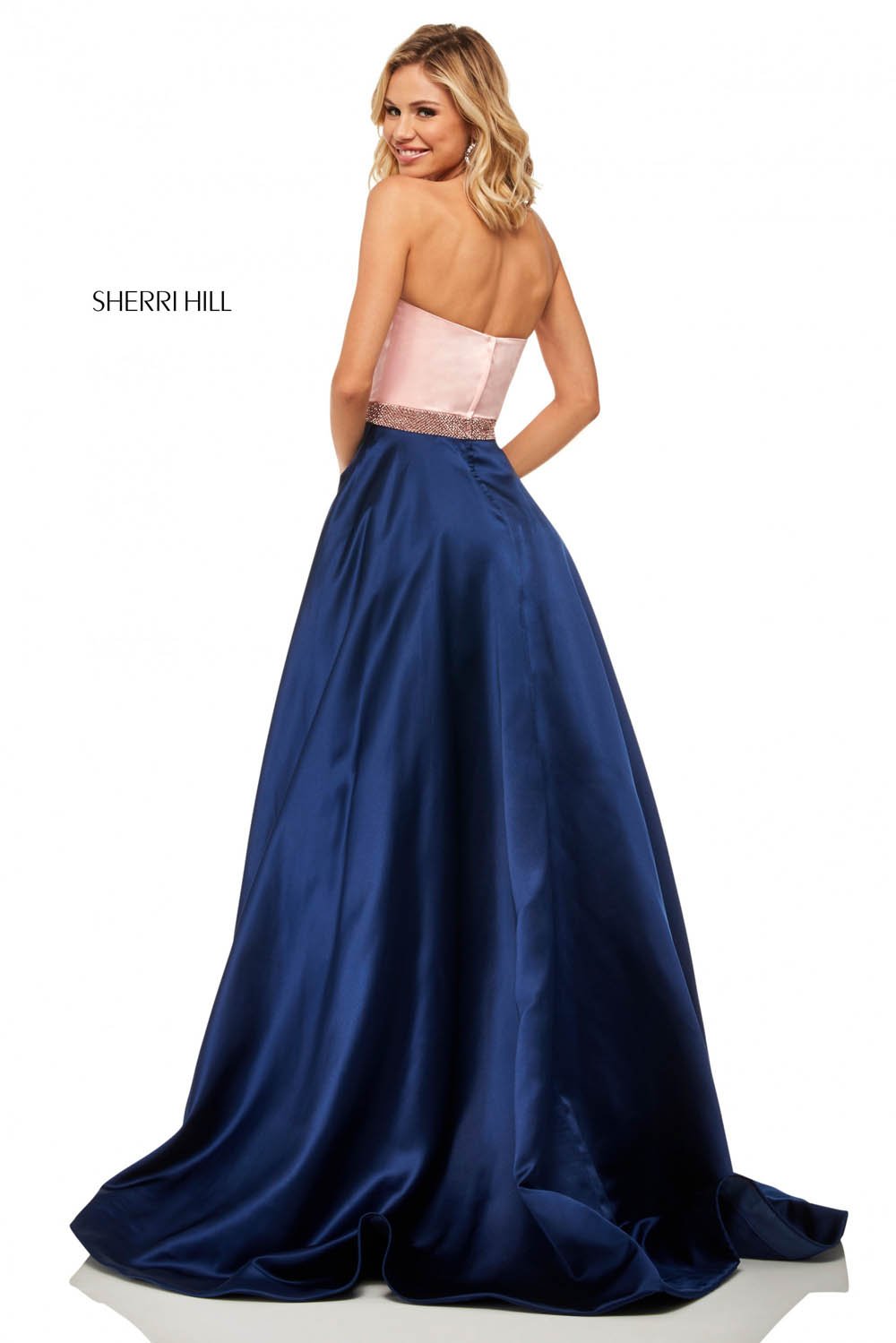 Sherri Hill 52776 prom dress images.  Sherri Hill 52776 is available in these colors: Light Blue Mocha, Fuchsia Red, Red Black, Ivory Black, Blush Navy, Coral Mocha, Ivory Mocha.