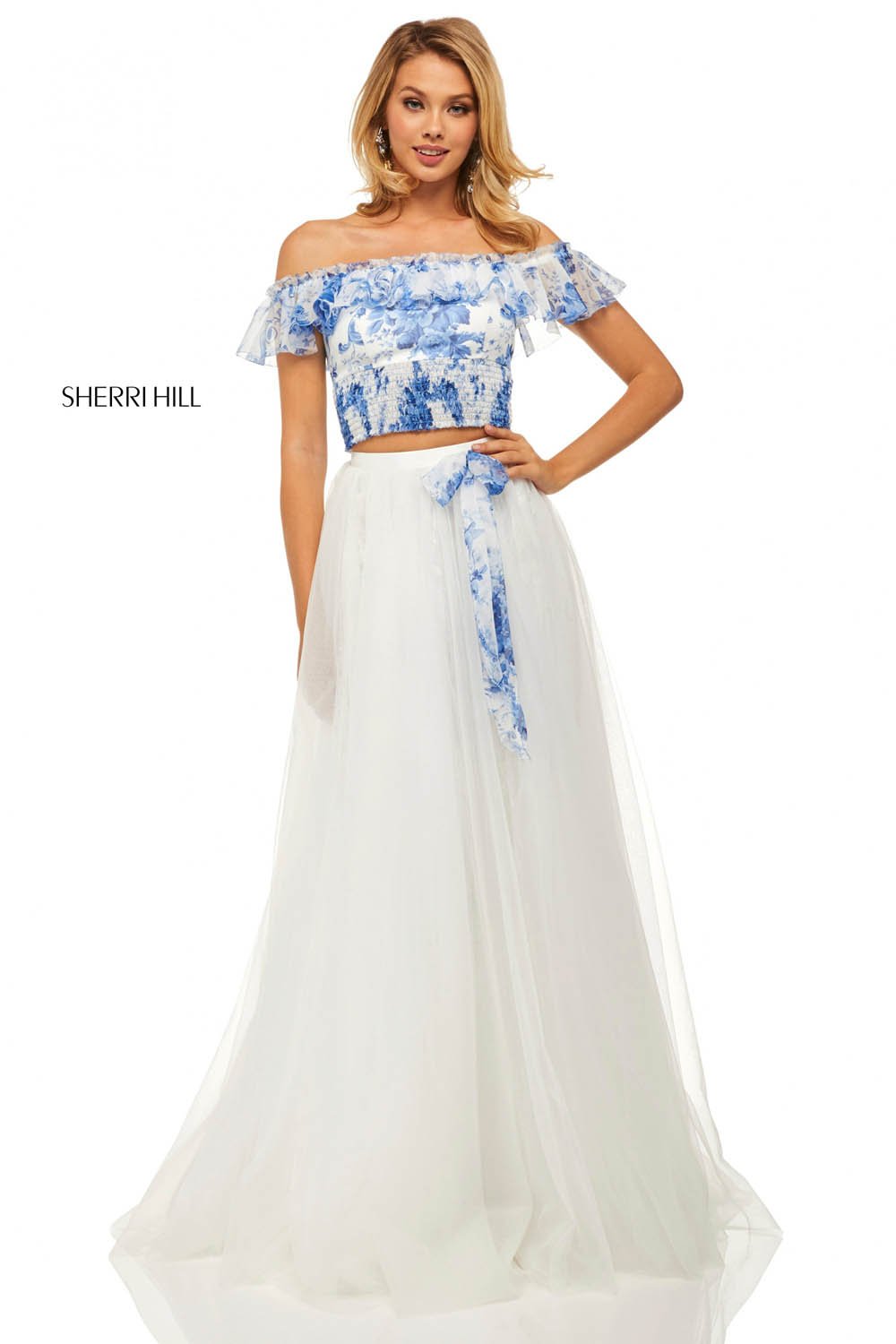 Sherri Hill 52910 prom dress images.  Sherri Hill 52910 is available in these colors: Blue Ivory Print.