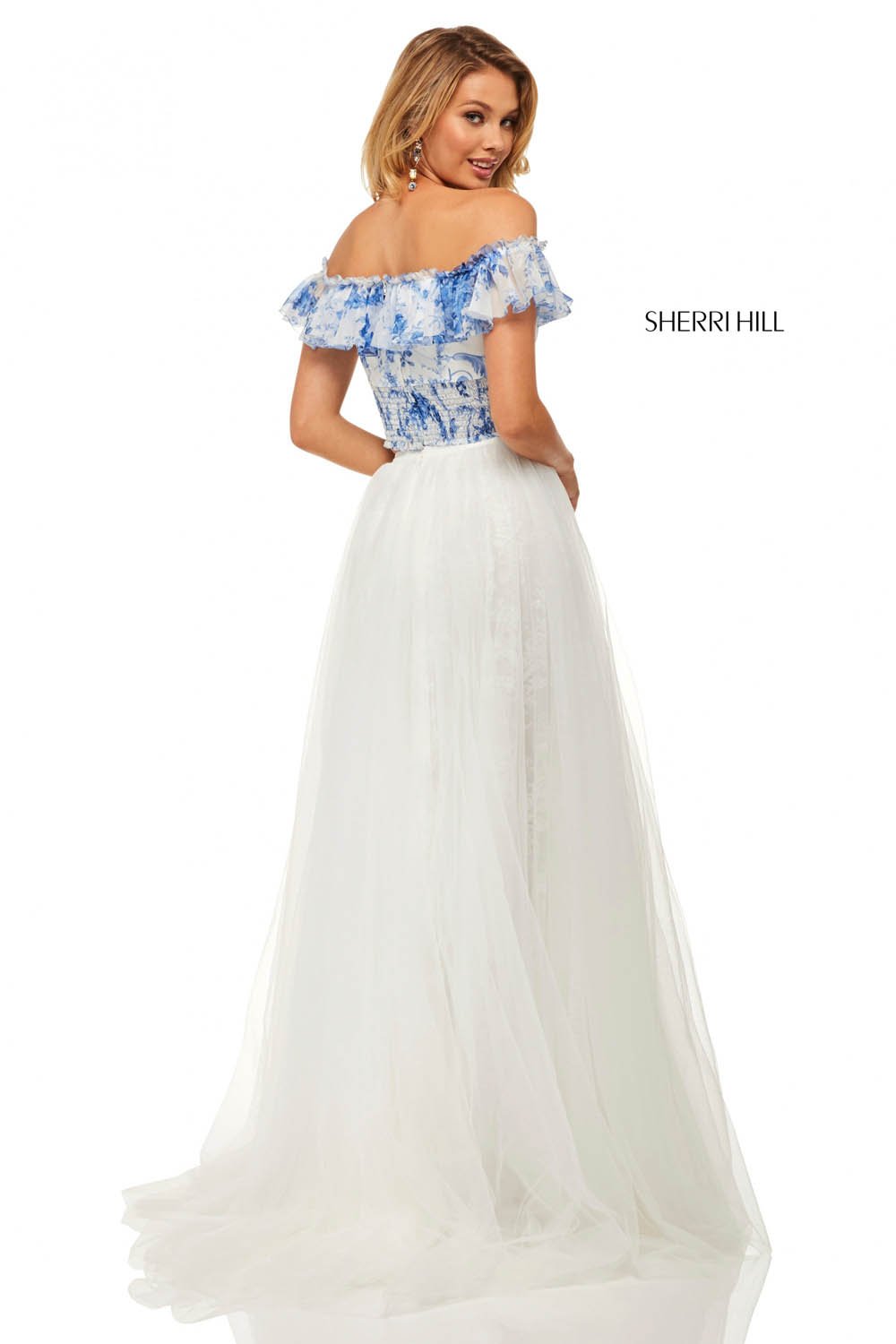 Sherri Hill 52910 prom dress images.  Sherri Hill 52910 is available in these colors: Blue Ivory Print.